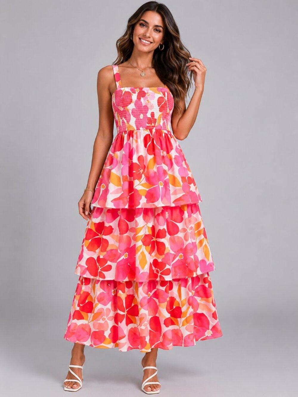 Women’s Floral Maxi Dress Pink Tiered Wedding Guest Sundress Cotton Blend